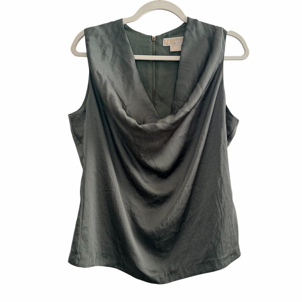 Michael Kors Olive Satin Cowl Neck Sleeveless Blouse Lined Petite 10P